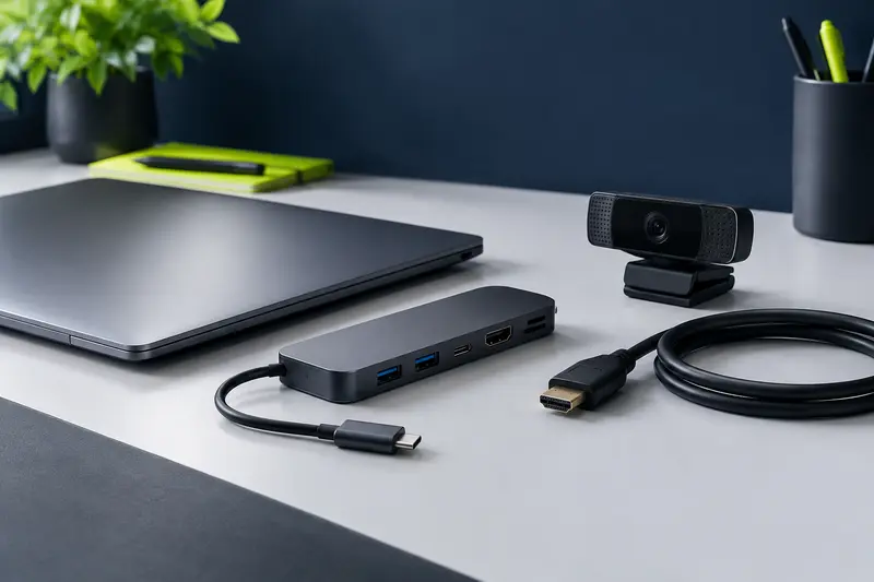 Hub USB, câble HDMI et webcam disposés sur un bureau contemporain aux tons ardoise et bleu nuit