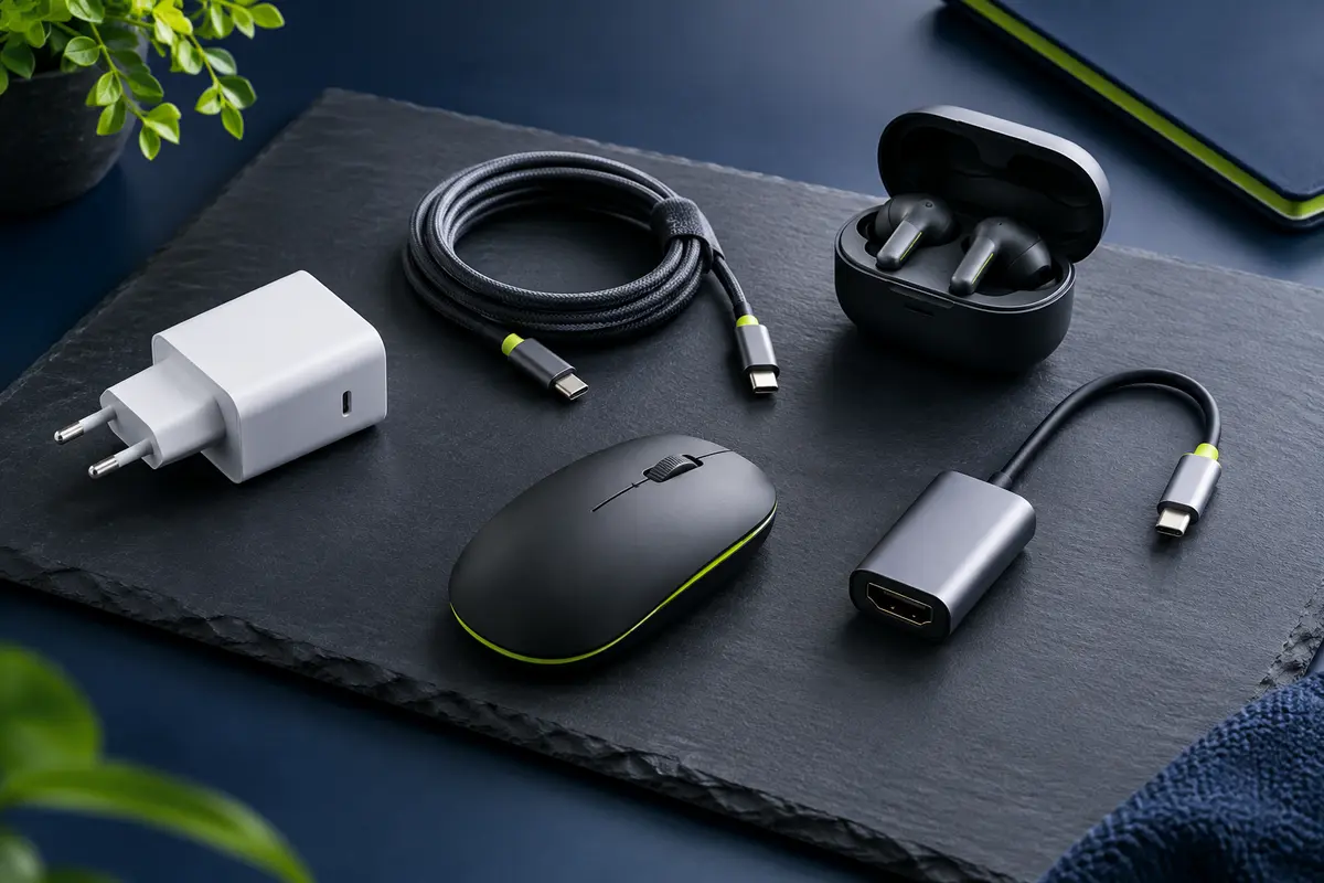 Accessoires high-tech pour mobile, audio et informatique disposés sur un fond ardoise éclairé en bleu nuit